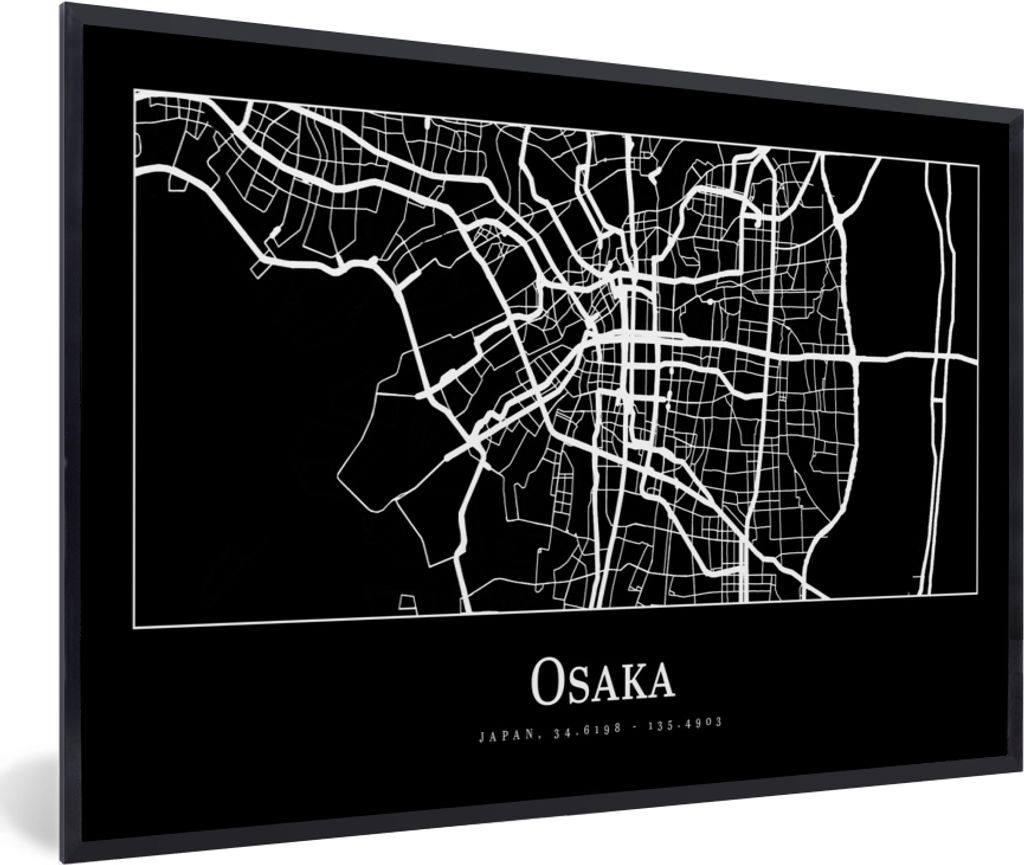 MuchoWow Gerahmtes Poster Karte - Osaka - Stadtplan 90x60 cm - Poster mit Schwarzem Bilderrahmen Wandposter Rahmen Foto Bilder - Fotorahmen - Fot...