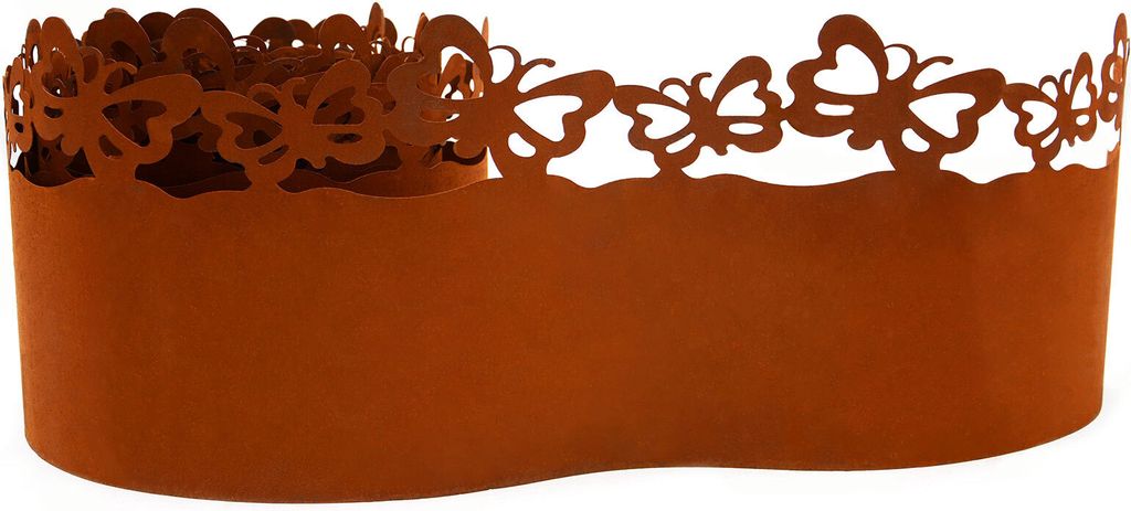 A close-up, studio shot of a rust-colored metal garden border with a decorative butterfly cut-out pattern along the top edge.