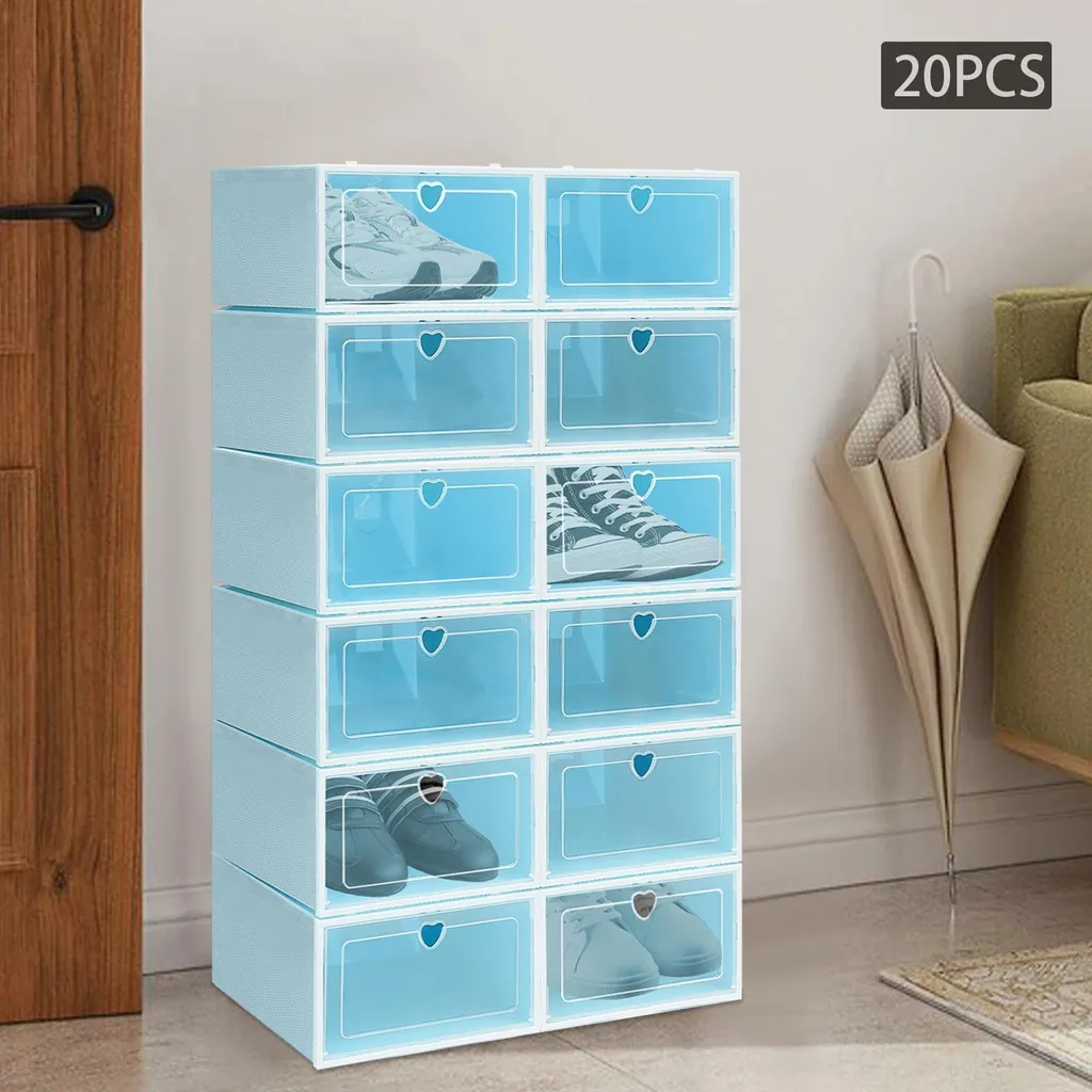 Organisateur de Dressing : 20 Boîtes de Rangement Chaussures Bleu PP/ABS