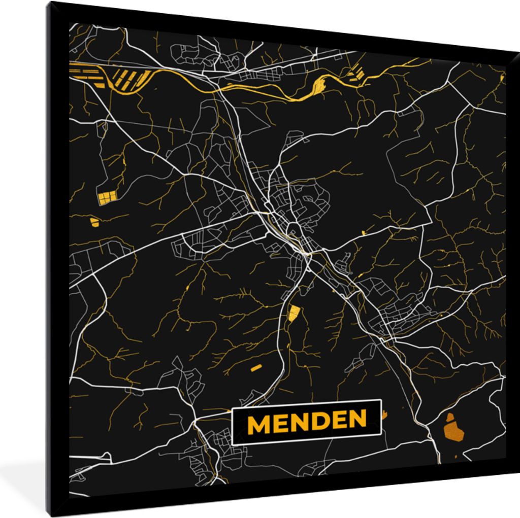 MuchoWow Gerahmtes Poster Stadtplan - Karte - Menden - Gold - Deutschland - Karte 40x40 cm - Poster mit Schwarzem Bilderrahmen Wandposter Rahmen ...