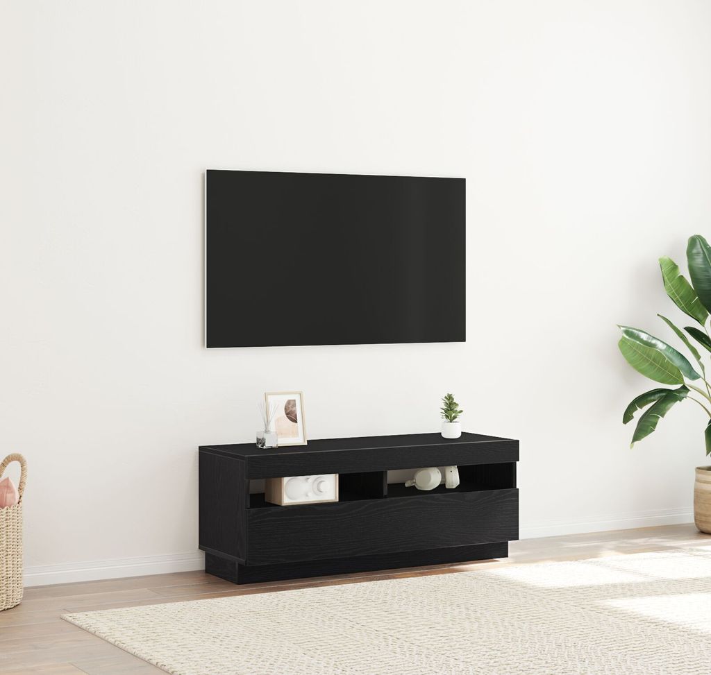 Möbel TV-Schrank mit LED-Leuchten, Schwarz und Eiche, 100x35x40 cm, Holzwerkstoff - TV-Schränke 862565