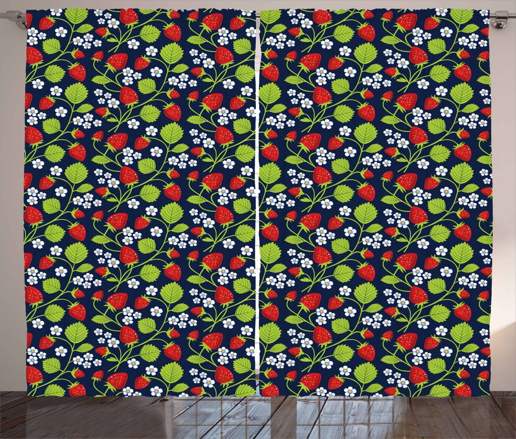 ABAKUHAUS Erdbeere Rustikaler Gardine, Botanischer Frühling, Schlafzimmer Kräuselband Vorhang mit Schlaufen und Haken, 280 x 245 cm, Mehrfarbig