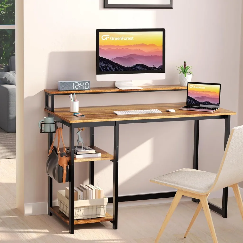 Table de bureau marron 100cm avec rangements et support d'écran intégré - 2