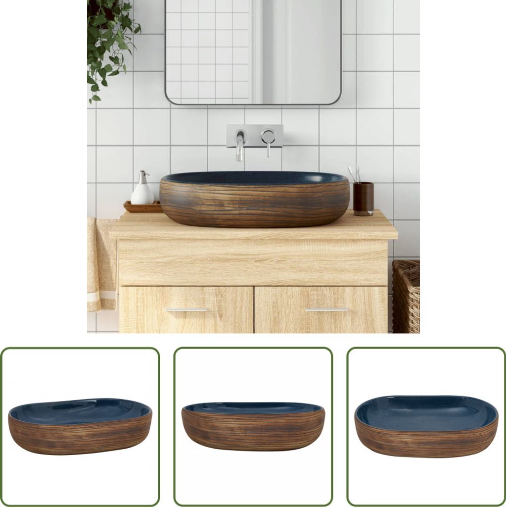 The Living Store Aufsatzwaschbecken Braun und Blau Oval 59x40x14 cm Keramik