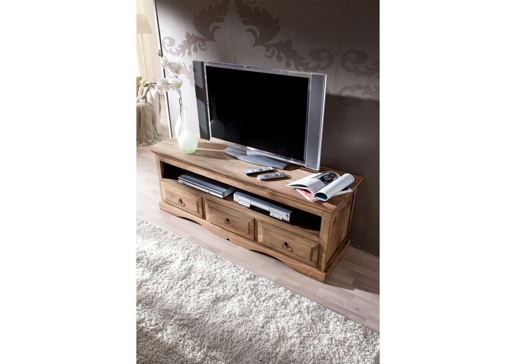 MASSIVMOEBEL24 TV-Board Sheesham 150x45x55 grau geölt LEEDS #43