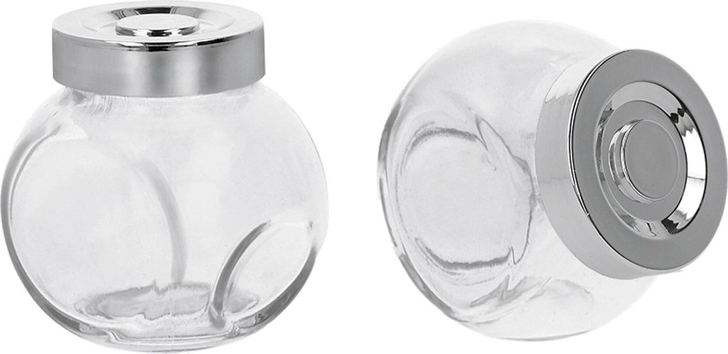 Two clear glass jars with silver lids are shown against a white background.