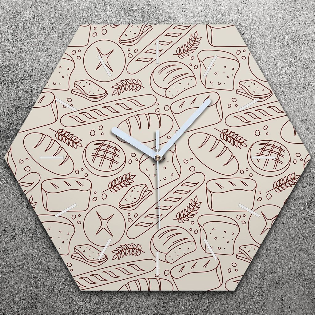 Uhr hexagonal 40 cm Glas Geräuschlos weiße Zeiger - Bäckerei Kritzeleien