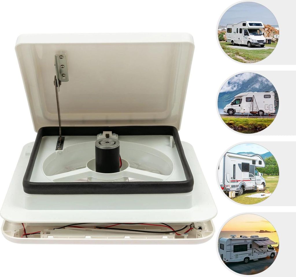 Dachlüfter für Wohnmobil/Wohnwagen - 12V Dachhauben Ventilator - Luftstrom 30 m³/min - 10 Flügel - Umkehrbar, Insektenschutz - 36×36 cm - Weiß