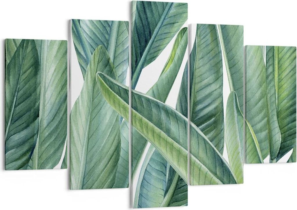 Bild auf Leinwand - Leinwandbild - 5 Teile - Exotisch Blätter Grün - 150x100cm - Wand Bild - Wanddeko - Wandbilder - Leinwanddruck - Bilder - Wan...