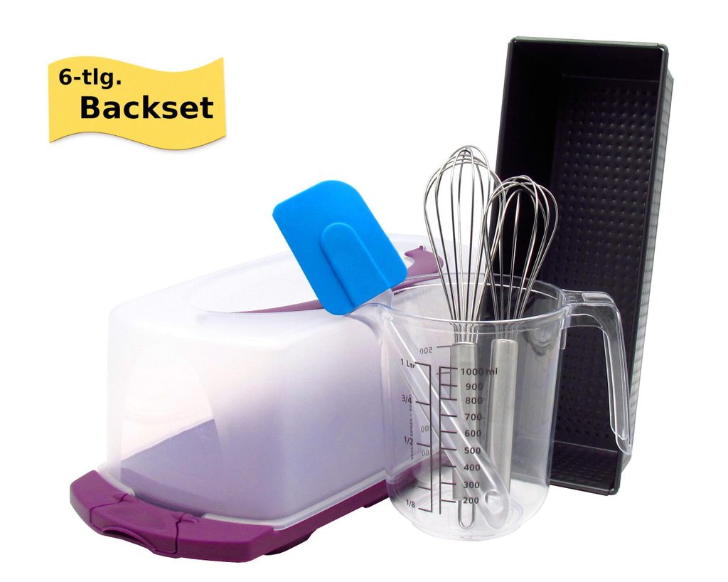 6-teiliges Backset inkl. Backform, Kuchenplatte mit Haube, Messbecher, Teigschaber & 2 Schneebesen – ideales Set für Backliebhaber
