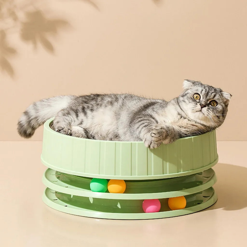 Griffoir chat résistant haute densité et jouet rond interactif vert 35cm - 4