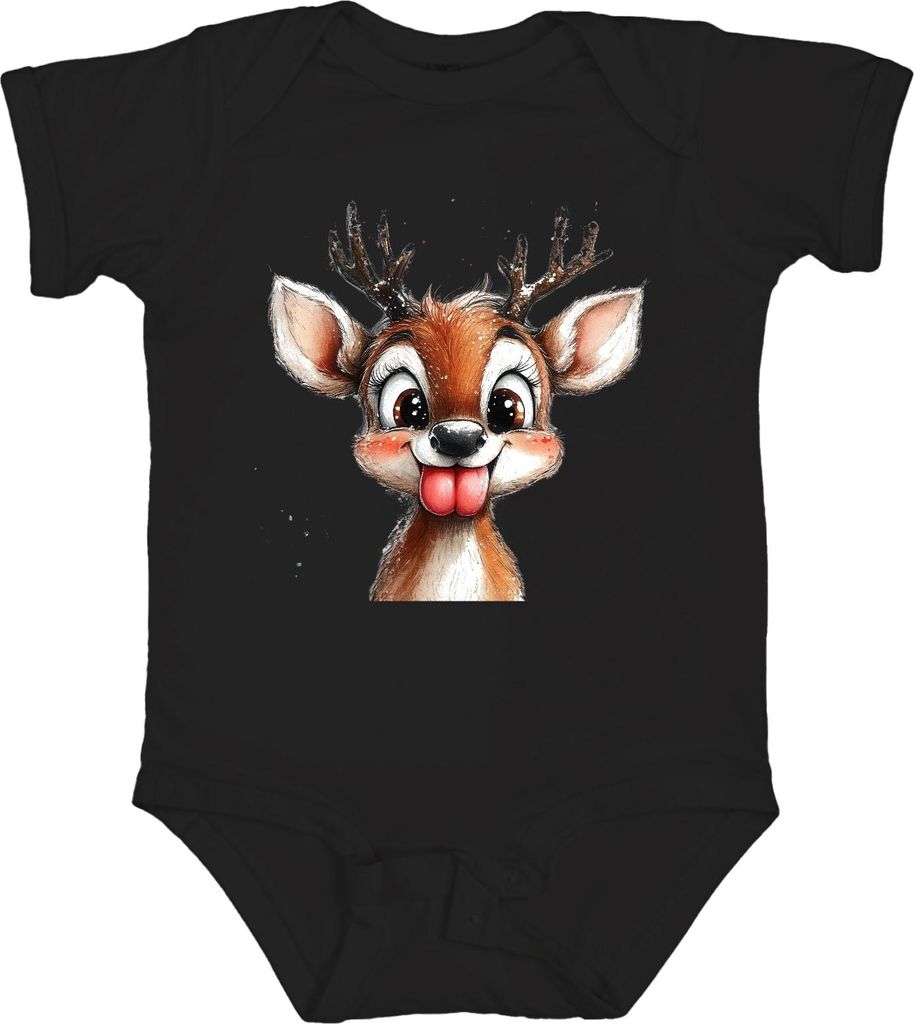 Rentier Frech Zunge raus Niedlich Weihnachten Kinder Retro Unisex Baby Body, Schwarz, 12/18