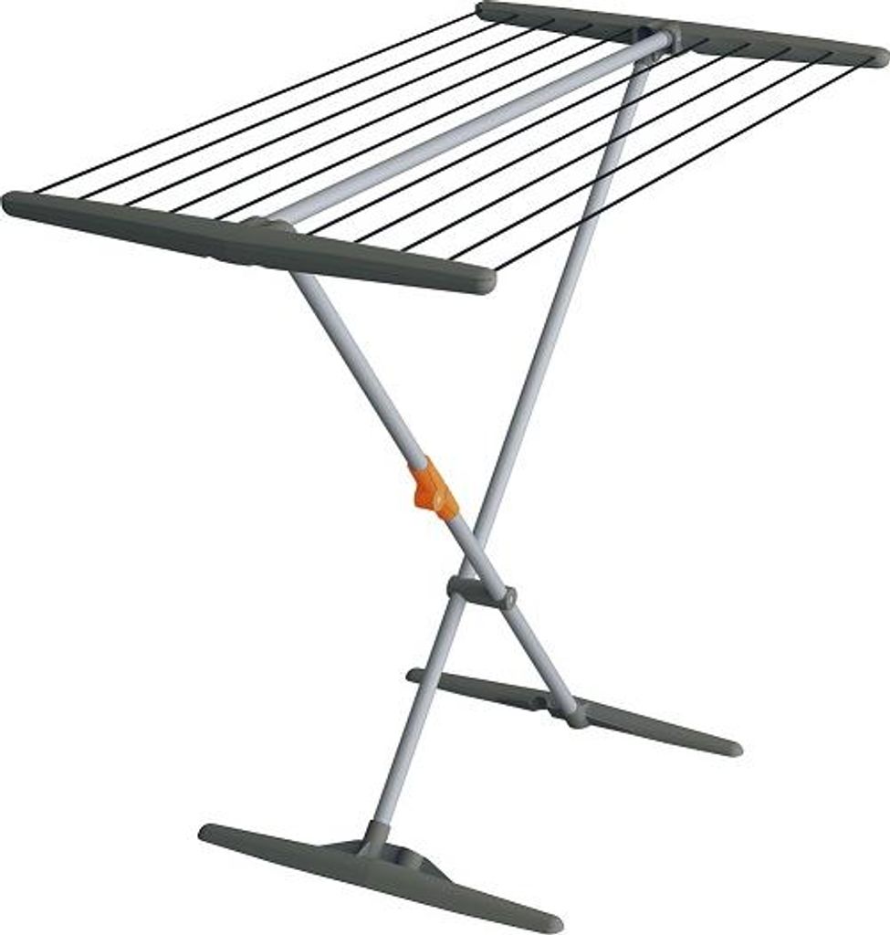 A freestanding clothes drying rack.