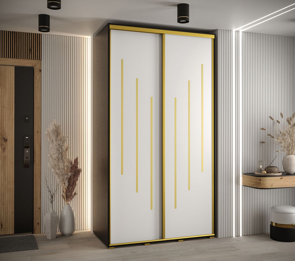 Kleiderschrank YVONA 8 – 140/60 cm, schwarz/weiß/gold