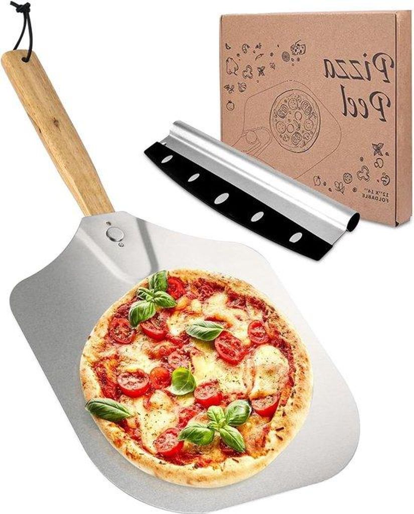 XL Aluminium Pizzaeisen rechteckig für Grill und Ofen - inkl. großem Pizza-Schneider - klapbares Holz-Griff.