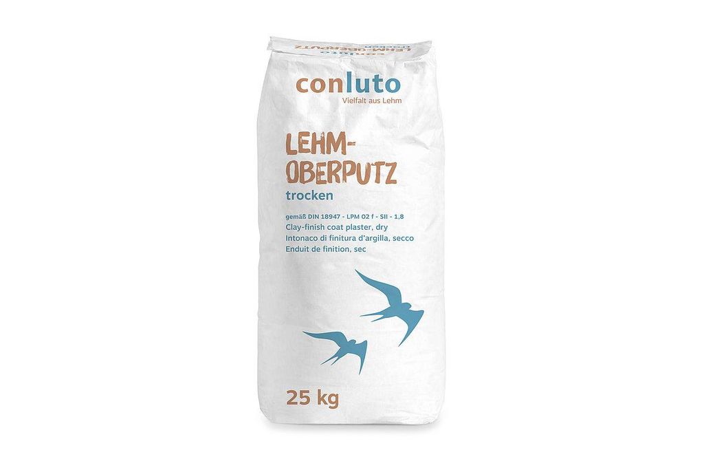 Conluto Lehm Oberputz Putz Lehmmputzmörtel DIN 18947 25 kg - Lehmputz, Hand- oder Maschinenputz, Baulehm, gemischt-körnigem Sand Ø 0-2 mm und Stroh