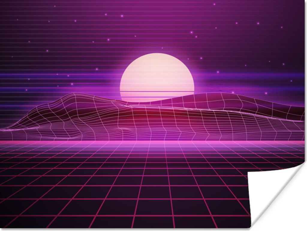 MuchoWow Poster Spiele - Neon - Retro - Lila - Sonne - Spiele 120x90 cm - Wandbild