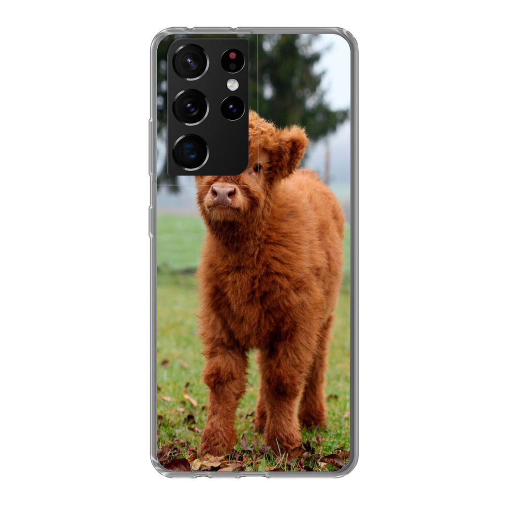 MuchoWow Handyhülle Schutzhülle Hülle für Samsung Galaxy S21 Ultra Scottish Highlander - Kalb - Gras Silikon Softcase Handy Hülle - Mobiltel...