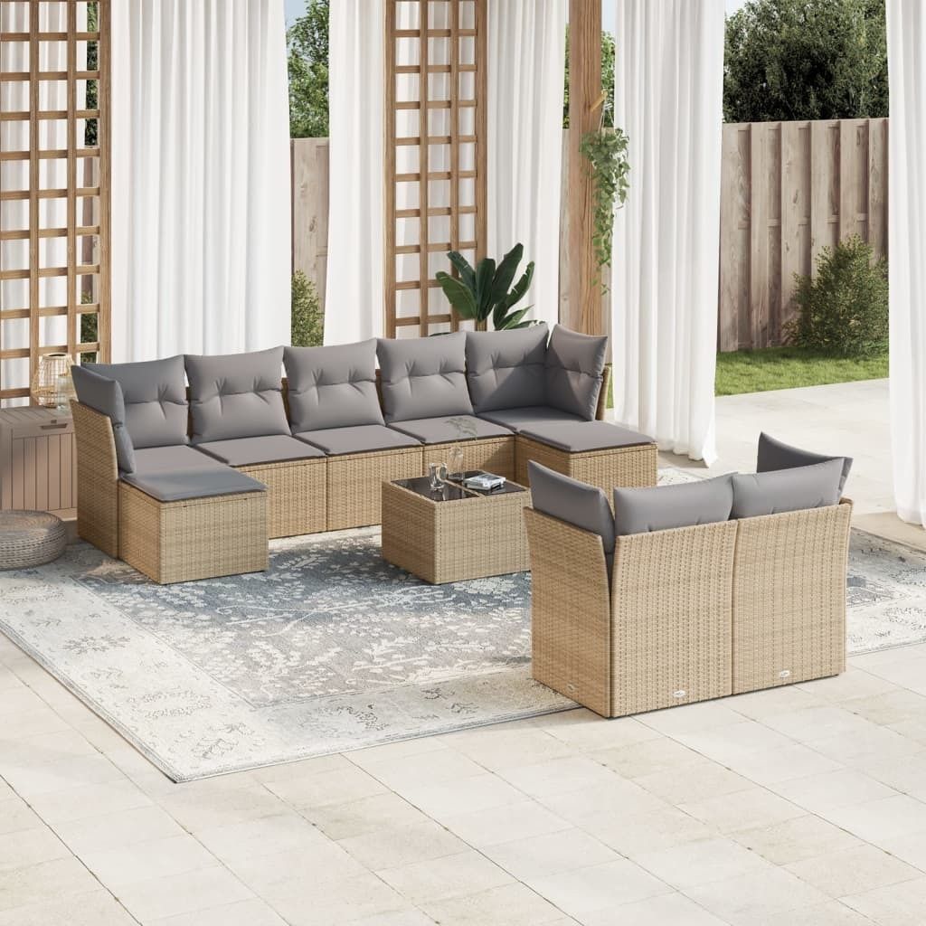 Design 10-tlg. Garten-Sofagarnitur mit Kissen Beige Poly Produktbild 
