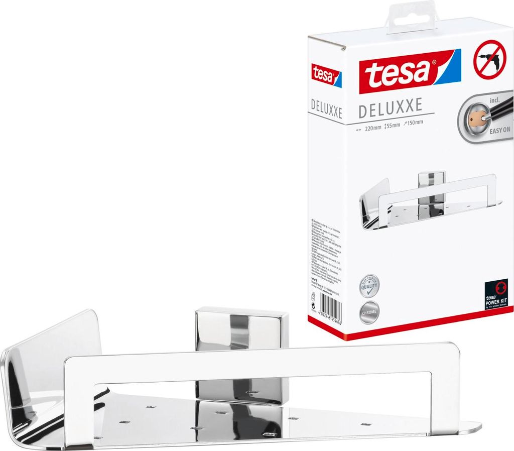 tesa Duschablage Ecke ohne Bohren - Duschkorb selbstklebend - chrom - DELUXXE