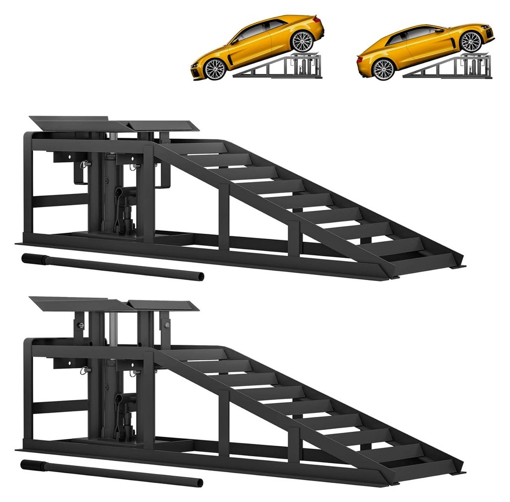 Höhenverstellbare Auffahrrampe für PKW – 2-teiliges Set mit Hydraulik-Wagenheber, 2000 kg Tragkraft (verstellbar 29-40 cm)