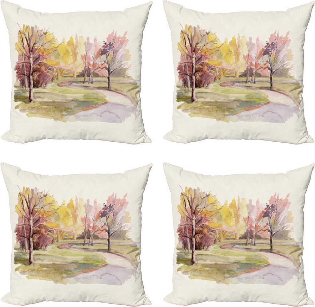ABAKUHAUS Fallen Kissenbezug Set (4 Stück), Aquarell Bäume und Straße, Moderner Doppelseitiger Digitaldruck, 60 cm x 60 cm, Mehrfarbig
