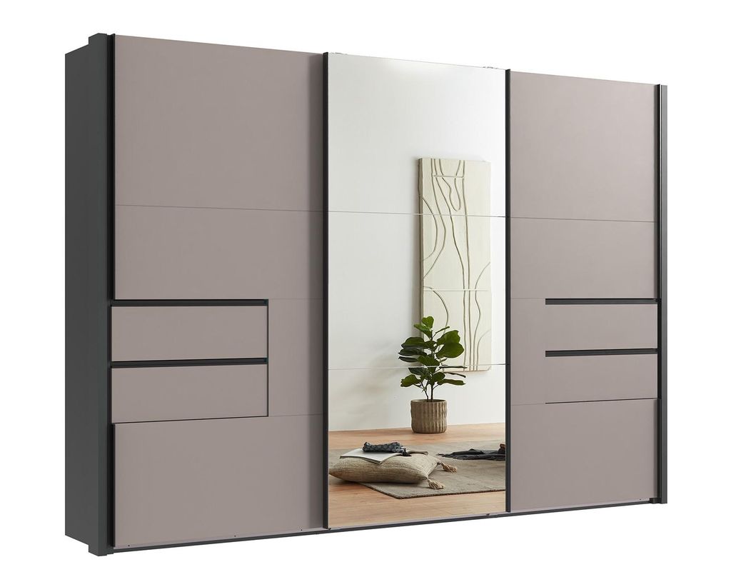 Schwebetürenschrank Kleiderschrank Passepartout 312 cm Schubl. Sand Grau Spiegel / 22066