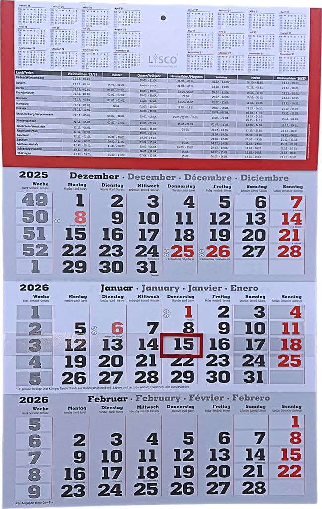 Plano 3 Monats Wandkalender 2026 mit Datumschieber in Rot, Produktbild 