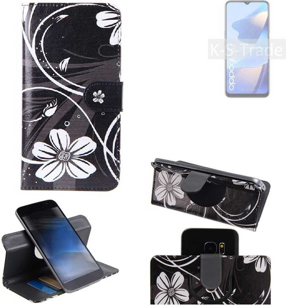 K-S-Trade Schutzhülle Handyhülle kompatibel mit Oppo A54s Hülle 360° Wallet Case ''Flowers'' Klapphülle Hülle schwarz-weiß 1x
