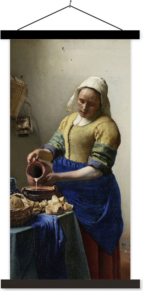 MuchoWow Textilposter Das Milchmädchen - Johannes Vermeer 60x120 cm mit schwarzem Rahmen - Magnete