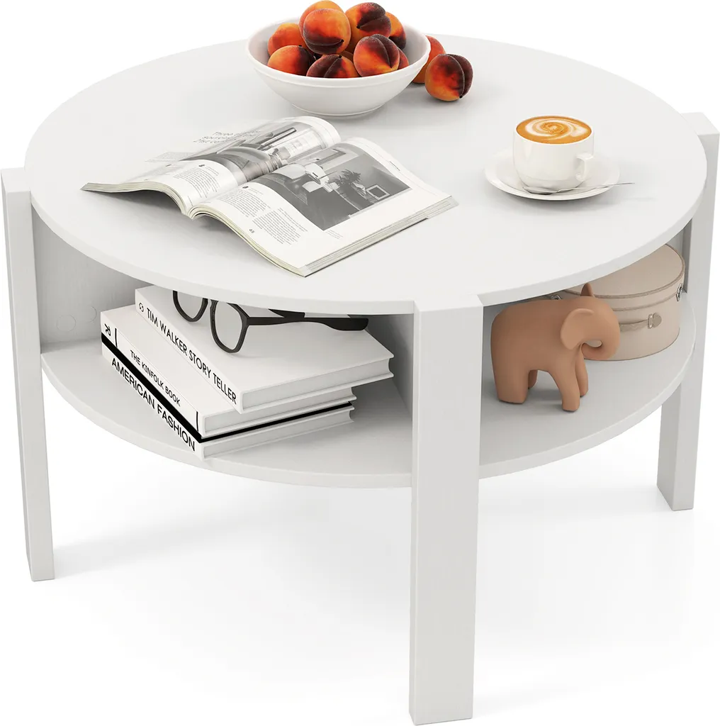 Table basse ronde blanche anti-encombrement avec étagères de salon
