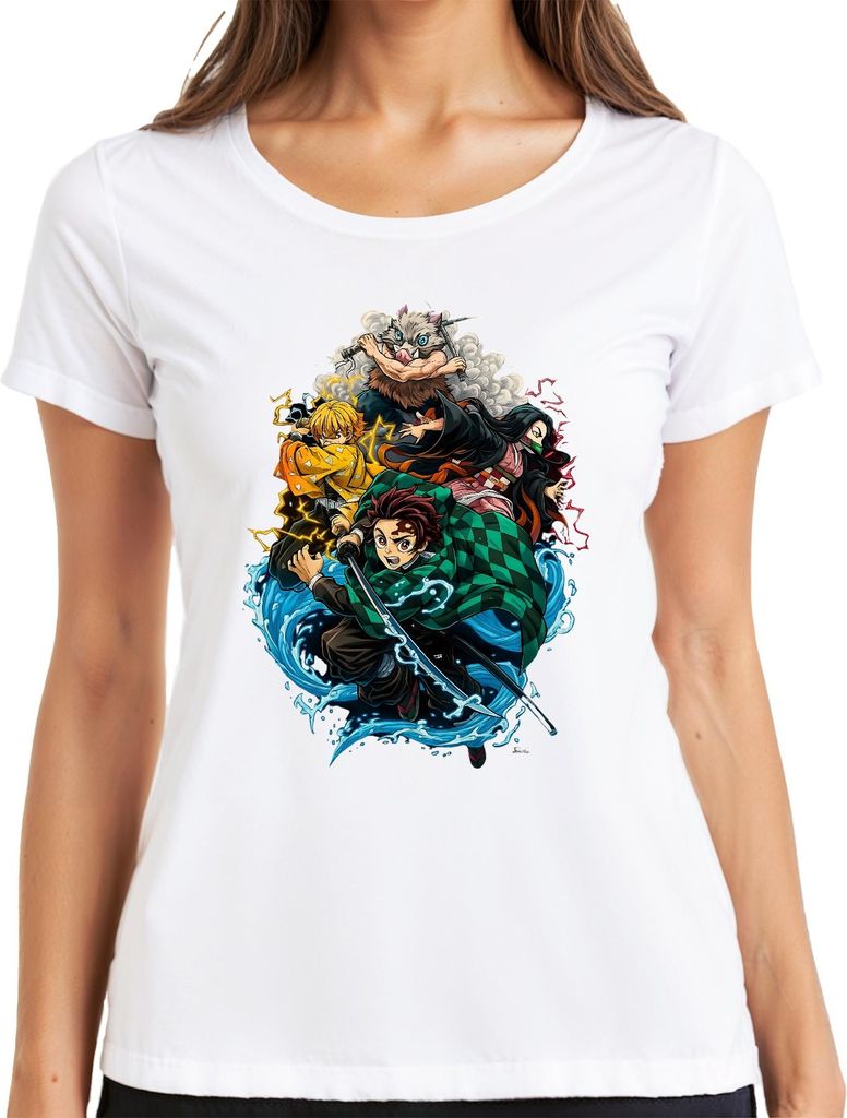 Demon Slayer Kimetsu no Yaiba Tanjiro Nezuko Zenitsu Fan Geschenk Damen T-Shirt, Weiß, L