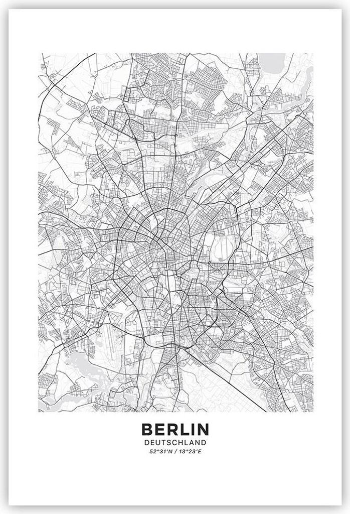 Poster - Poster ohne Rahmen - Stadt Karte Berlin - 61x91,5 cm - Wand Bild - Wanddeko - Wandbilder - Kunstposter - Wandposter - Bilder - Kunstdruck ...