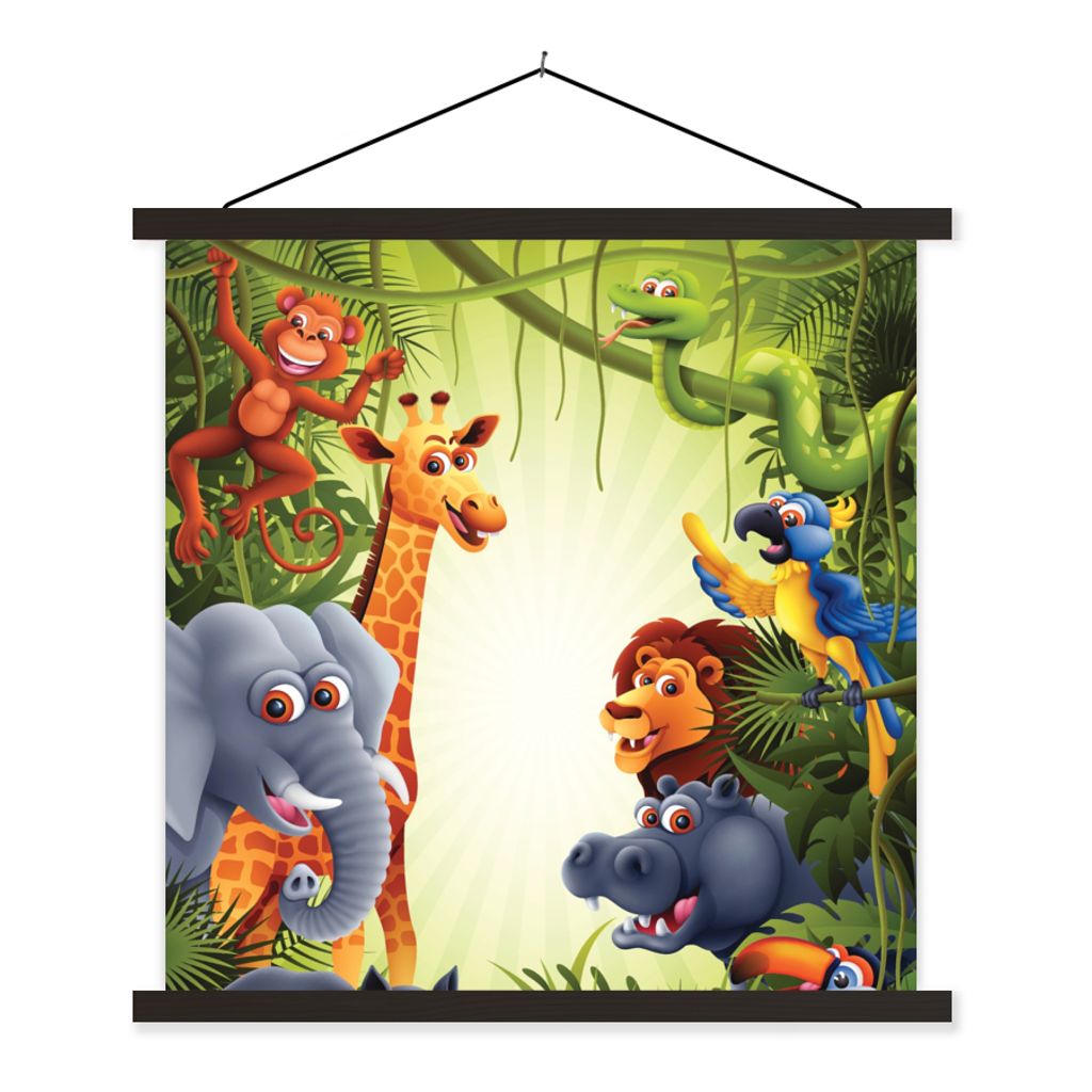 MuchoWow Textilposter Dschungel - Jungen - Mädchen - Baby - Elefant - Löwe - Giraffe 120x120 cm mit schwarzem Rahmen - Aufhängungsset