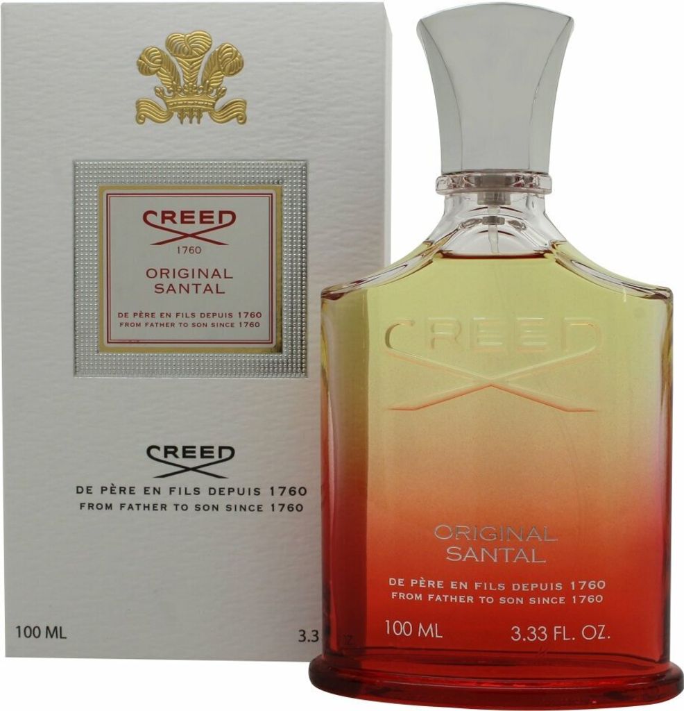 A bottle of Creed Original Santal Eau de Parfum and its packaging are displayed against a white background.