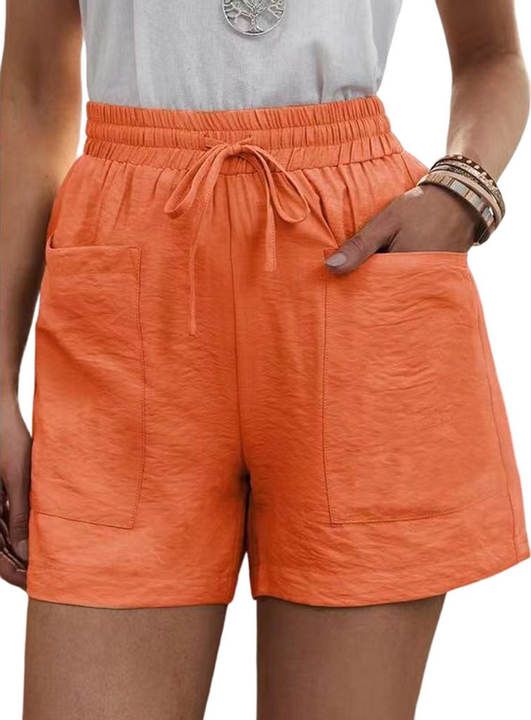 ASKSA Damen Shorts Sommer Lässige Sport Kurze Hose Einfarbig Hoher Taille Lockere Kordelzug mit Taschen, Orange, XXL