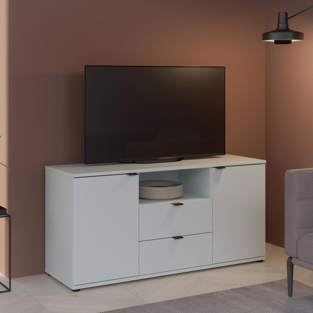Forte GANYMEDE TV-Schrank 130, minimalistisches Lowboard, 2-türig, 2 Schubladen, offenes Fach, Holzwerkstoff, Wohnzimmer, Secret Grey, 129,8 cm br...