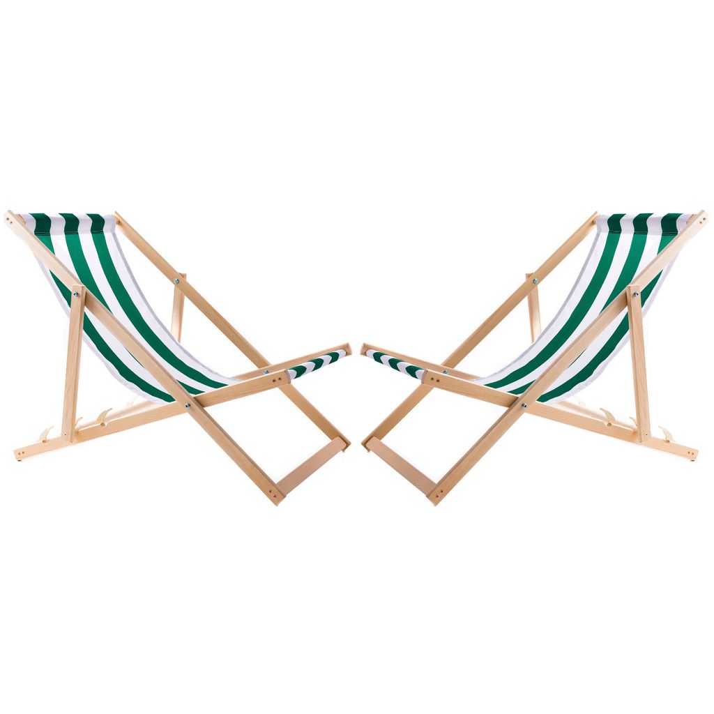 Two green and white striped deck chairs are shown against a white background.