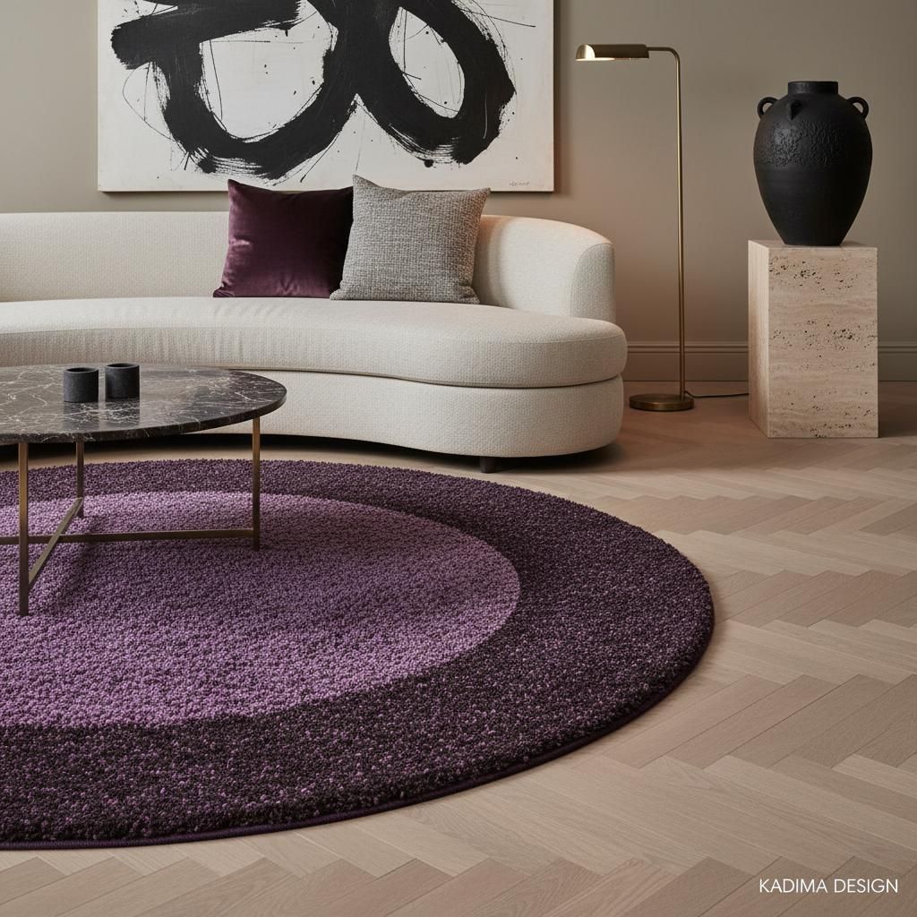 Hochflor Shaggy Bordüren-Design Weich Flauschig Waschbar Strapazierfähig | Rund Violett 160x160 cm Wohnzimmer Schlafzimmer | RHEIN – Kadima Design