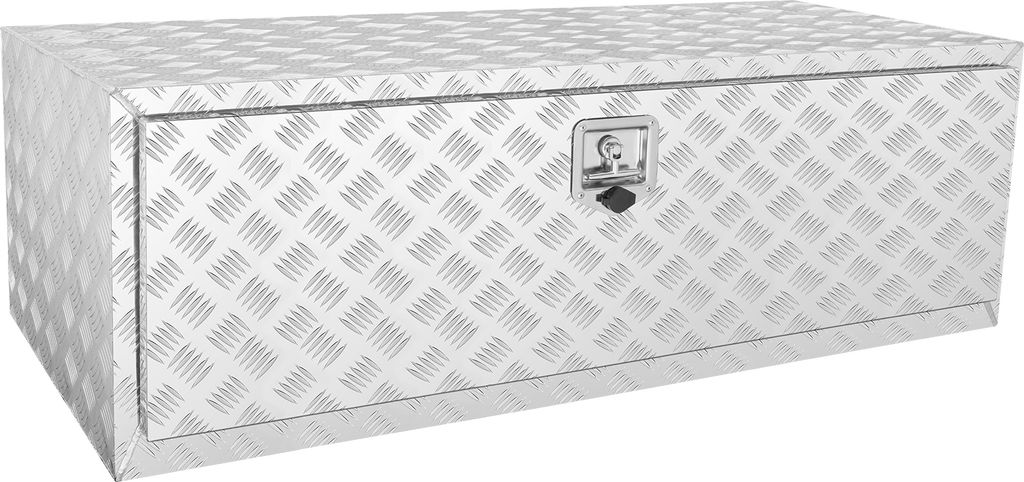 A silver aluminum truck underbody storage box with a diamond plate pattern and a lock on the front.