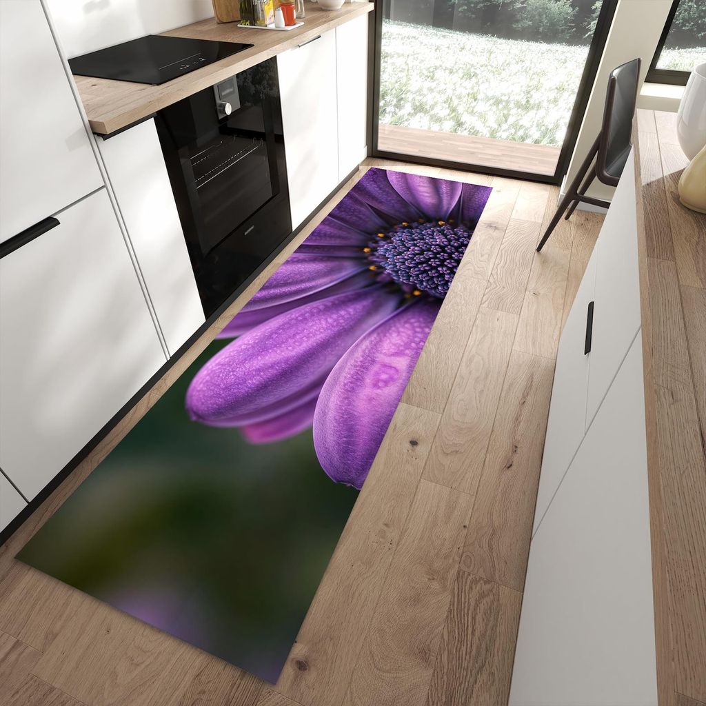 Küchenteppich 80x280cm rutschfest & abwischbar PVC Läufer - Lila Blütenwunder