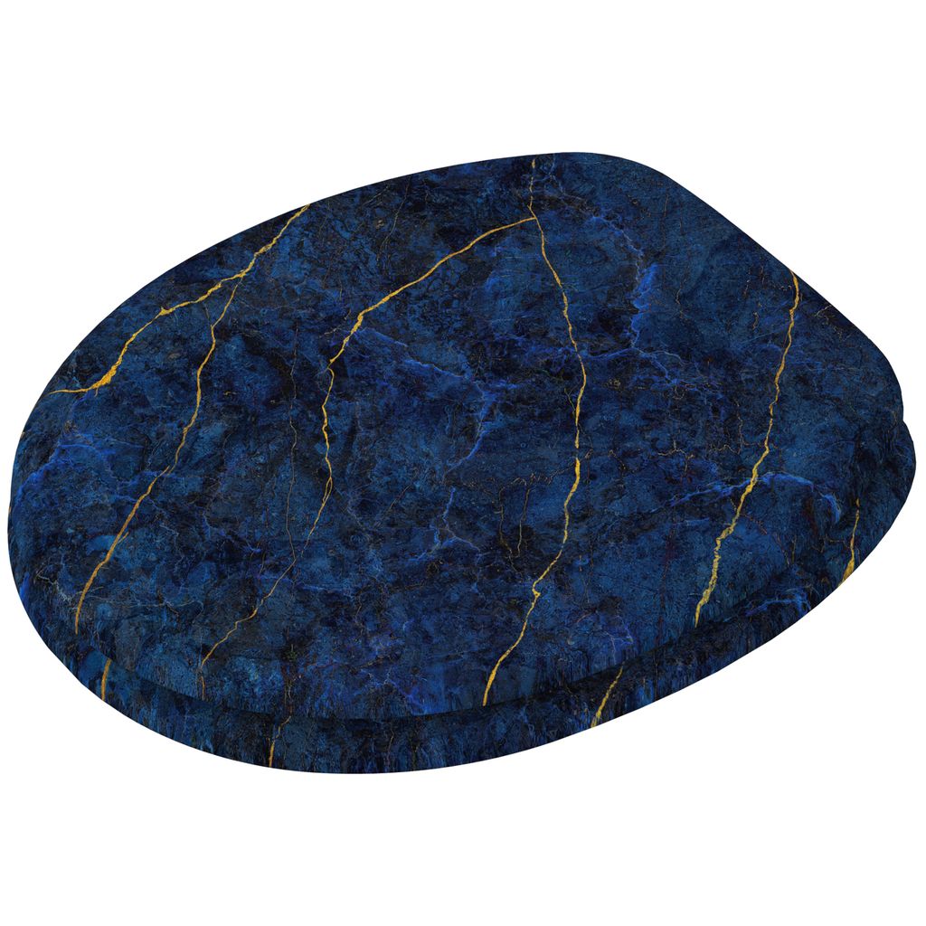A toilet seat with a dark blue marble pattern and gold veins, presented on a white background.