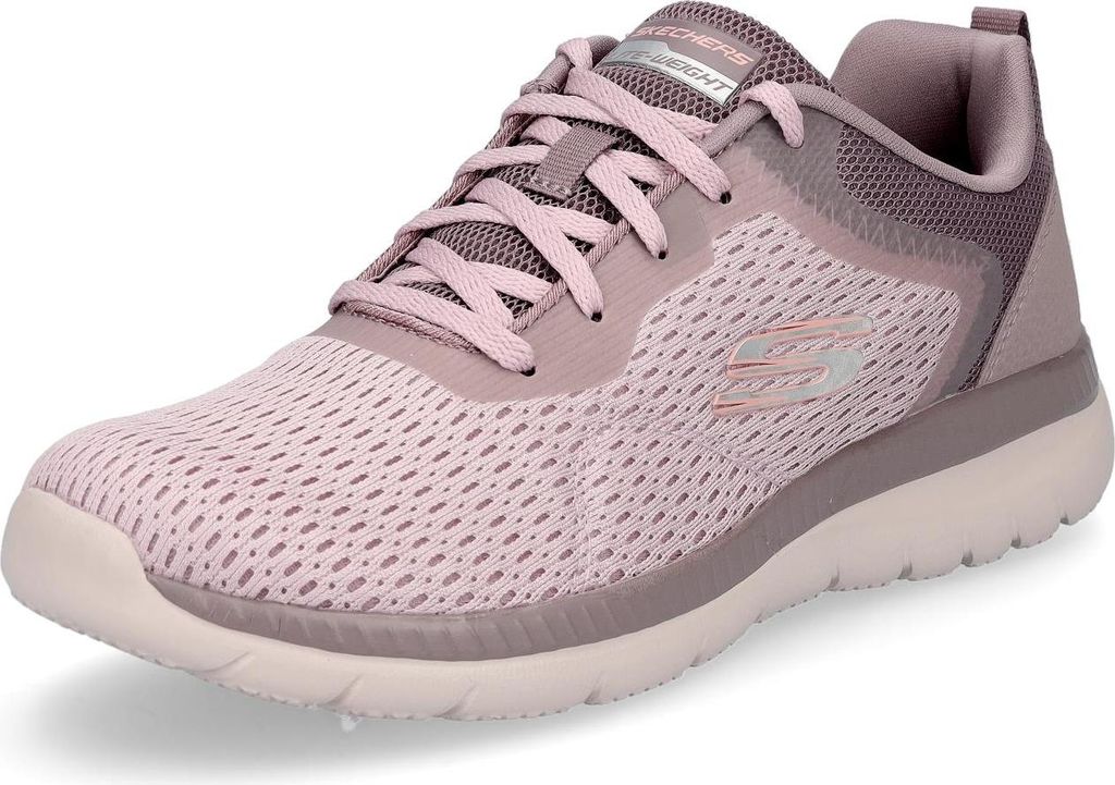 A side view of a pink Skechers sneaker.