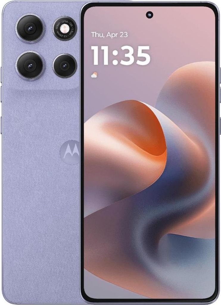A Motorola Moto G86 Power 5G smartphone in Lilac (Cosmic Sky) is shown from the front and back.