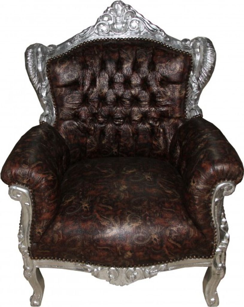 Casa Padrino Barock Sessel Lord Braun/Silber Lederoptik mit Drachenmotiv - Antik Stil