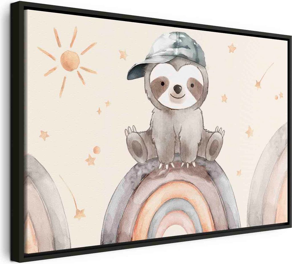 Italienischer Leinwand Leinwandbild - Happy Sloth - Sloth in Subdued Colors Wearing a Cap Sitting on a Rainbow Among Little Stars 90x60 cm Für Kin...