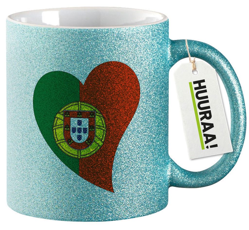 Huuraa Glitzertasse Portugal Flagge Herz 330ml Blau Keramik Kaffeebecher Geschenkidee