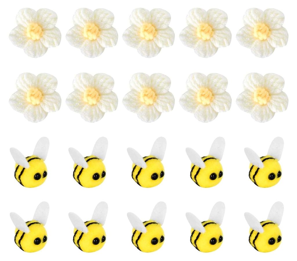 20 Stück Filz-Girlande Bienen, 10 Stück Filz Bienen Deko, Mini Kuscheltier Biene, Filztiere Biene, Streudeko Biene, mit 10 Häkelblumen, für DIY...