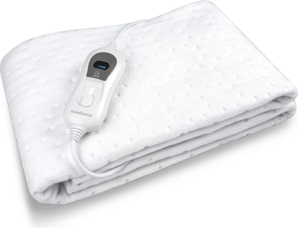 A folded white electric blanket with a controller attached.