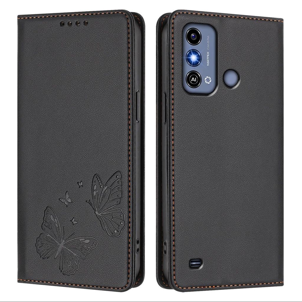 Lederhülle für ZTE Blade A53, Schmetterling Prägung Leder Brieftasche Schutzhülle mit Ständer Schwarz